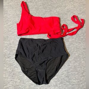 Pinup Fashion 2 piece one shoulder tankini swimwear set‎ red black women’s M new
